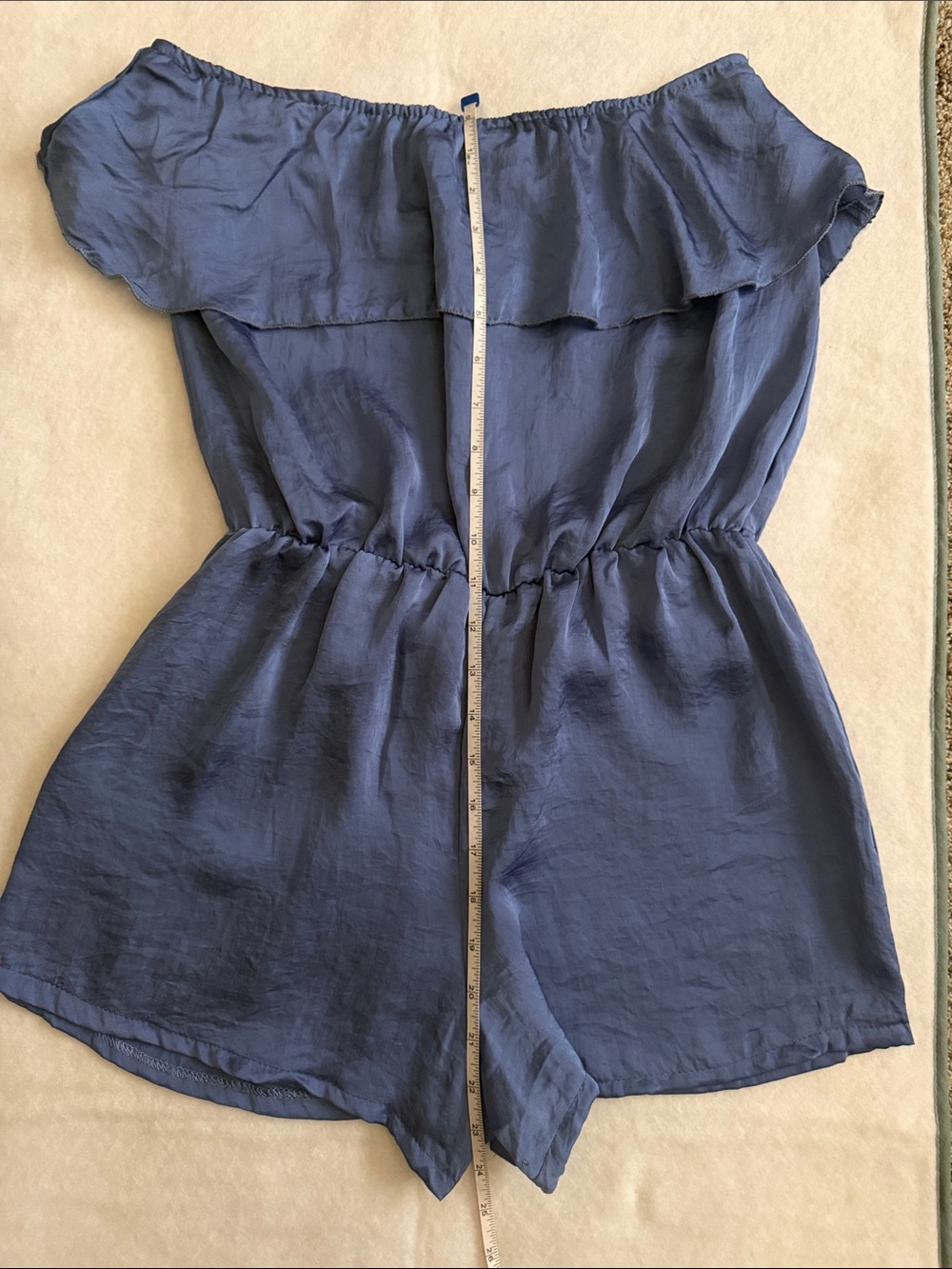 Off-Shoulder Blue Romper with Ruffle Yoke - Picture 6 of 8